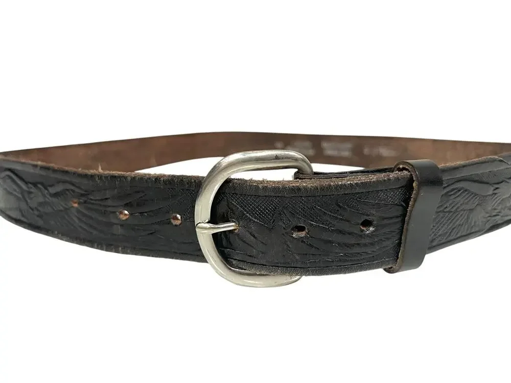 Vintage HAND TOOLED Belt WESTERN Eagle Black Leather Made In U.S.A Men’s 44